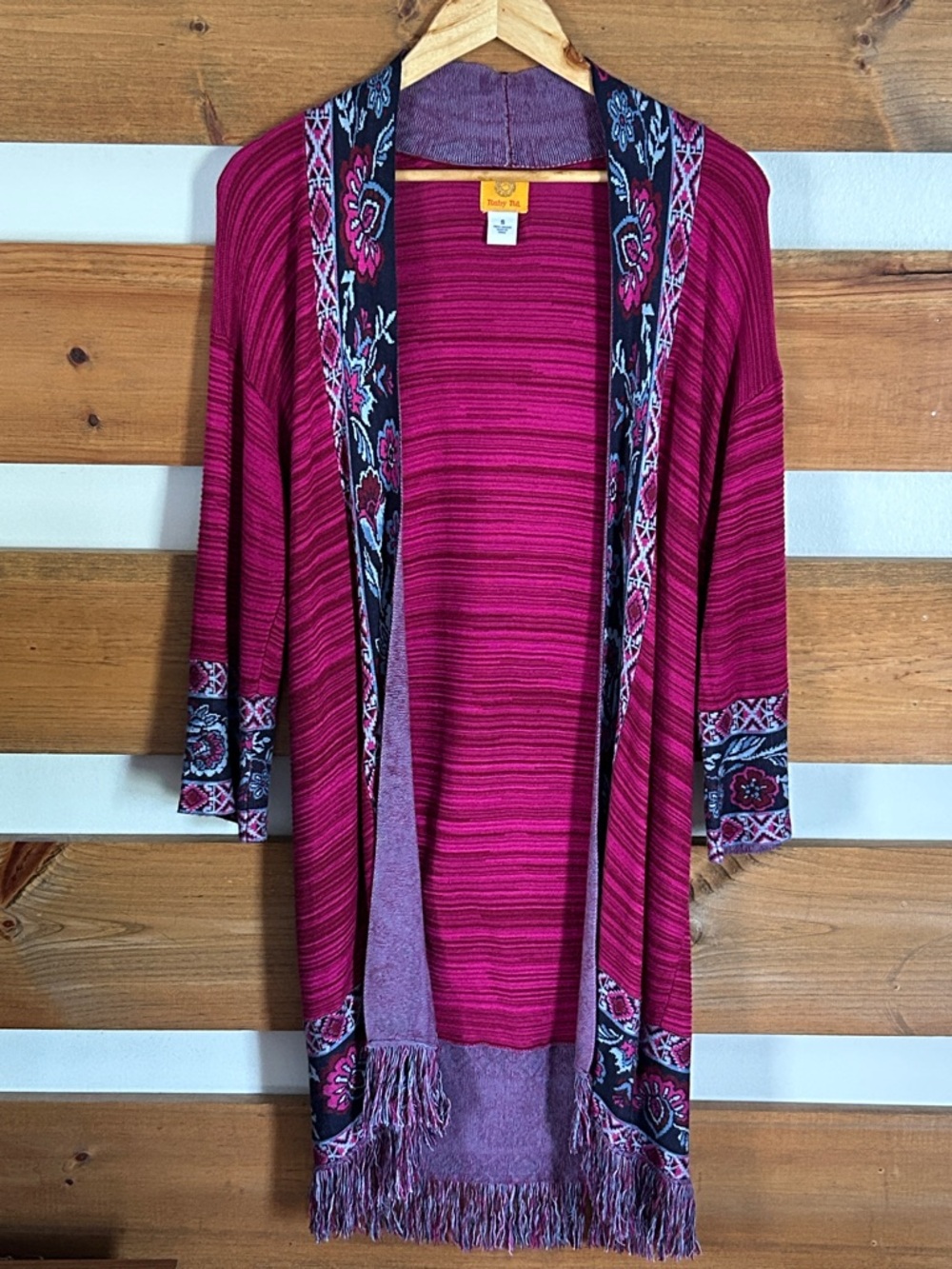 Ruby Road Open Front Long Cardigan Purple Paisley Long Sleeve Boho Hippie Size S